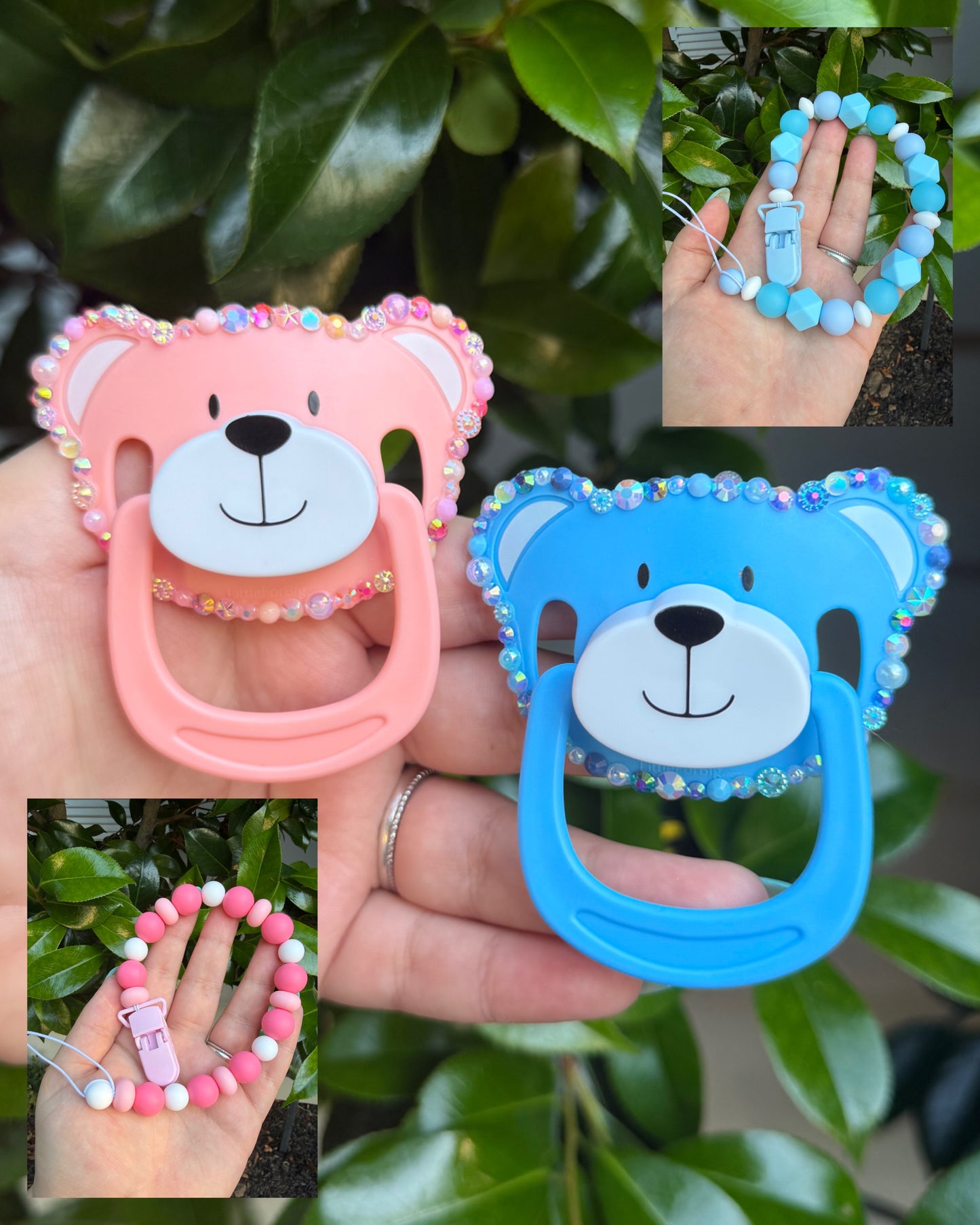 Deco Bear Paci + Teether Clip Sets!